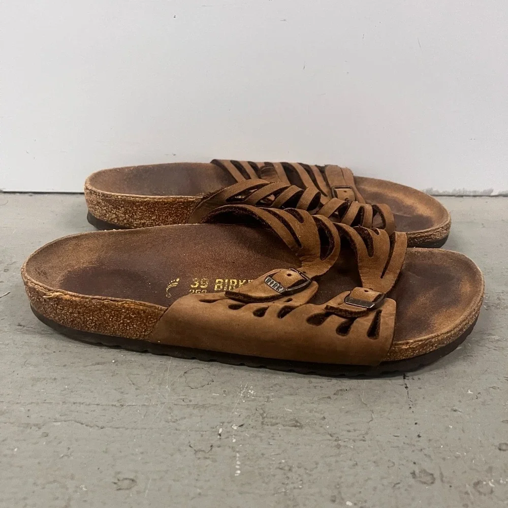 Birkenstock Granada Sandals Unisex M6/W8 Brown Leather Open Toe Slip On Slide - Picture 1 of 8